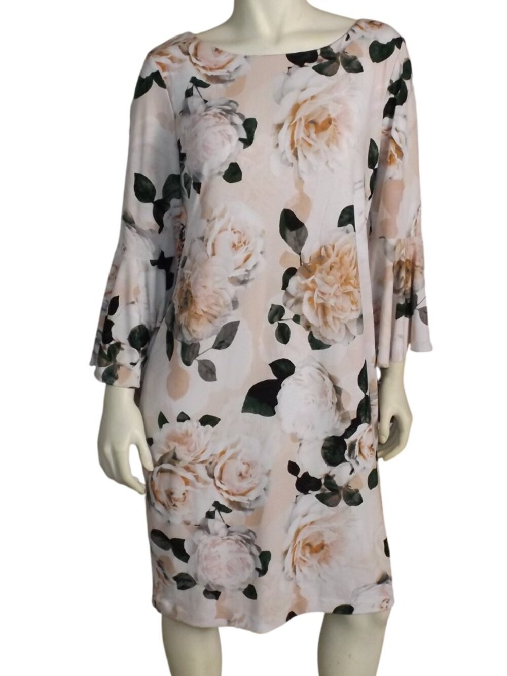 CALVIN KLEIN Dress, L, Blush Pink Floral, Bell Sleeve, Wide neck, Washable